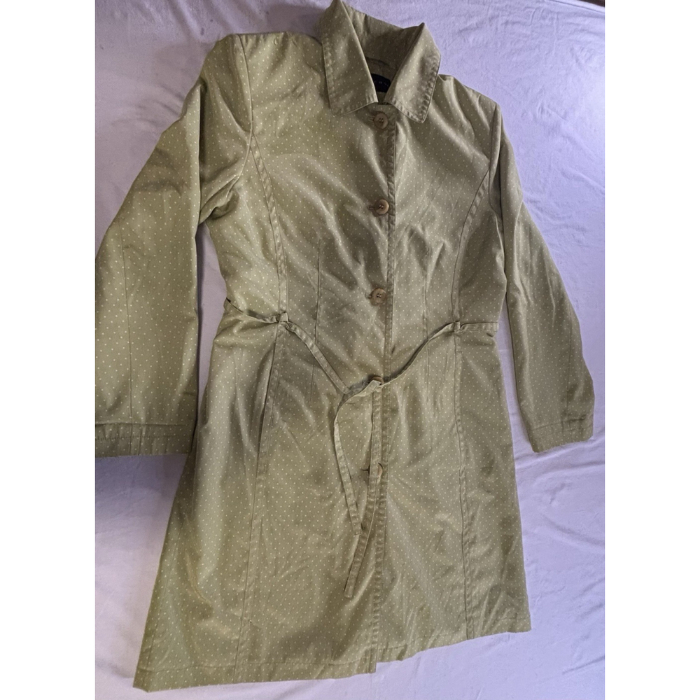Gallery Womens Olive Green Trench Coat Polka Dot Lined Tie Waist Size M